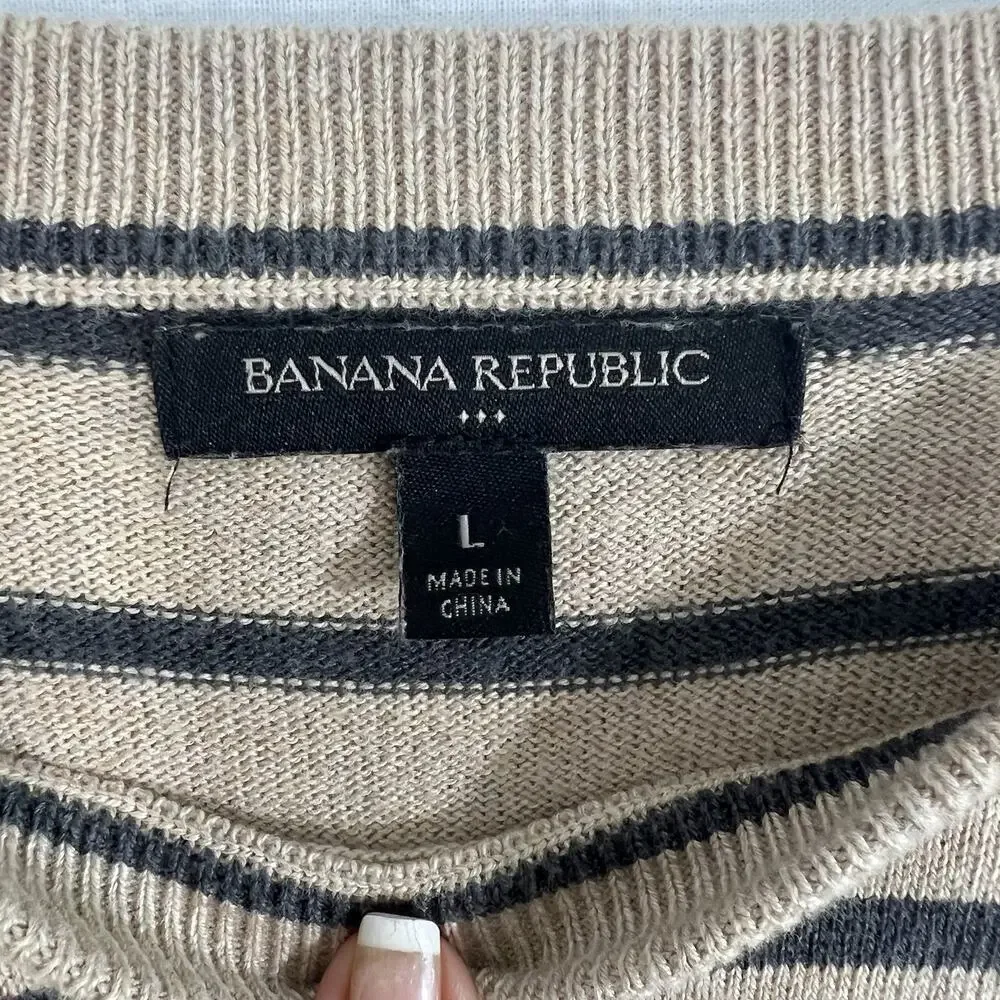Banana Republic Large Silk Cotton Cashmere Blend Sweater Crew Neck Striped Beige